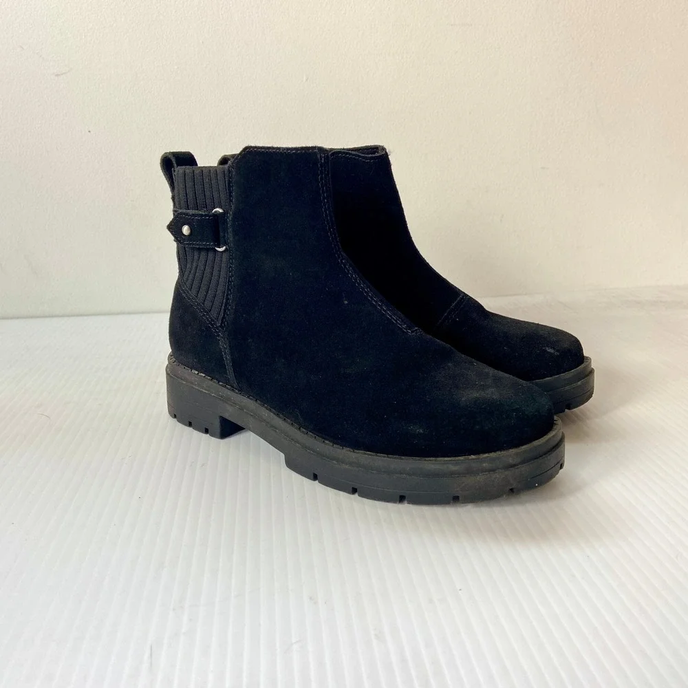 TOMS Astrid Lug Boot Water Repellent Black Suede Leather Womens 6.5